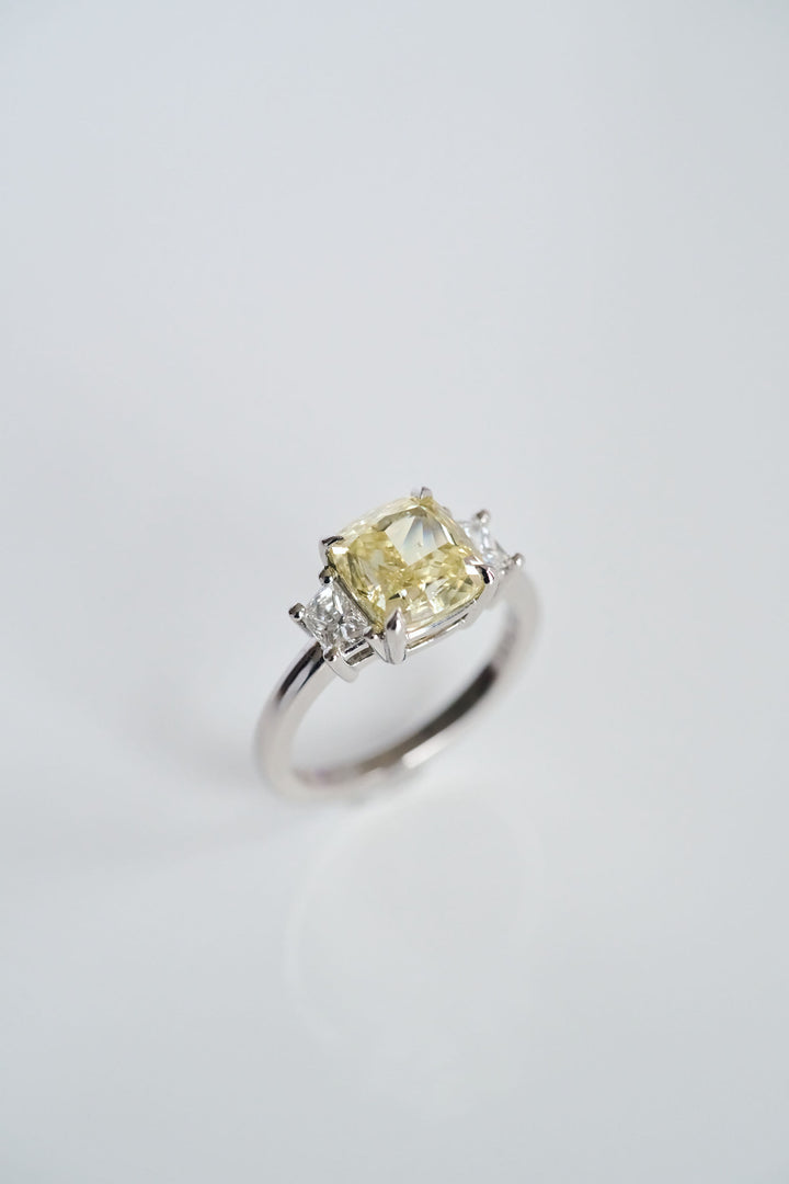 Cushion Cut Yellow Diamond with Brilliant Cut Trapezoid Accents