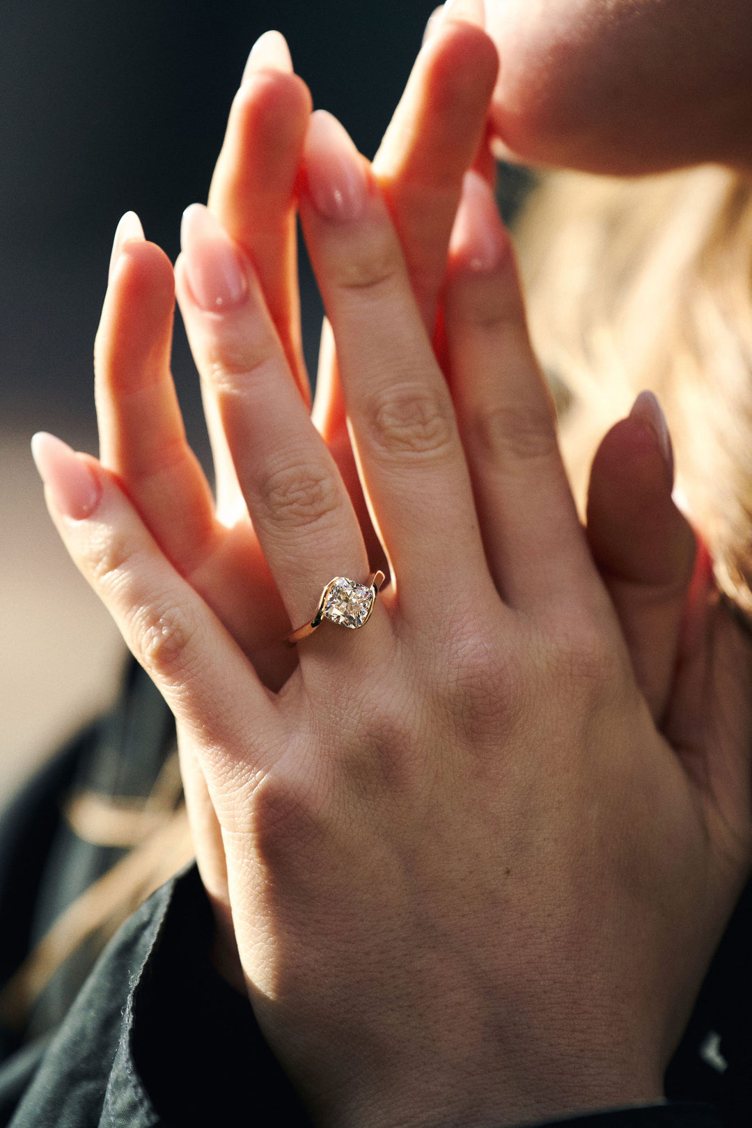 Cushion Cut Half Bezel Diamond Bypass Ring