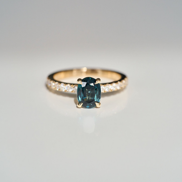 Oval Blue-Green Sapphire Cavalier Solitaire With Diamond Pavè Band