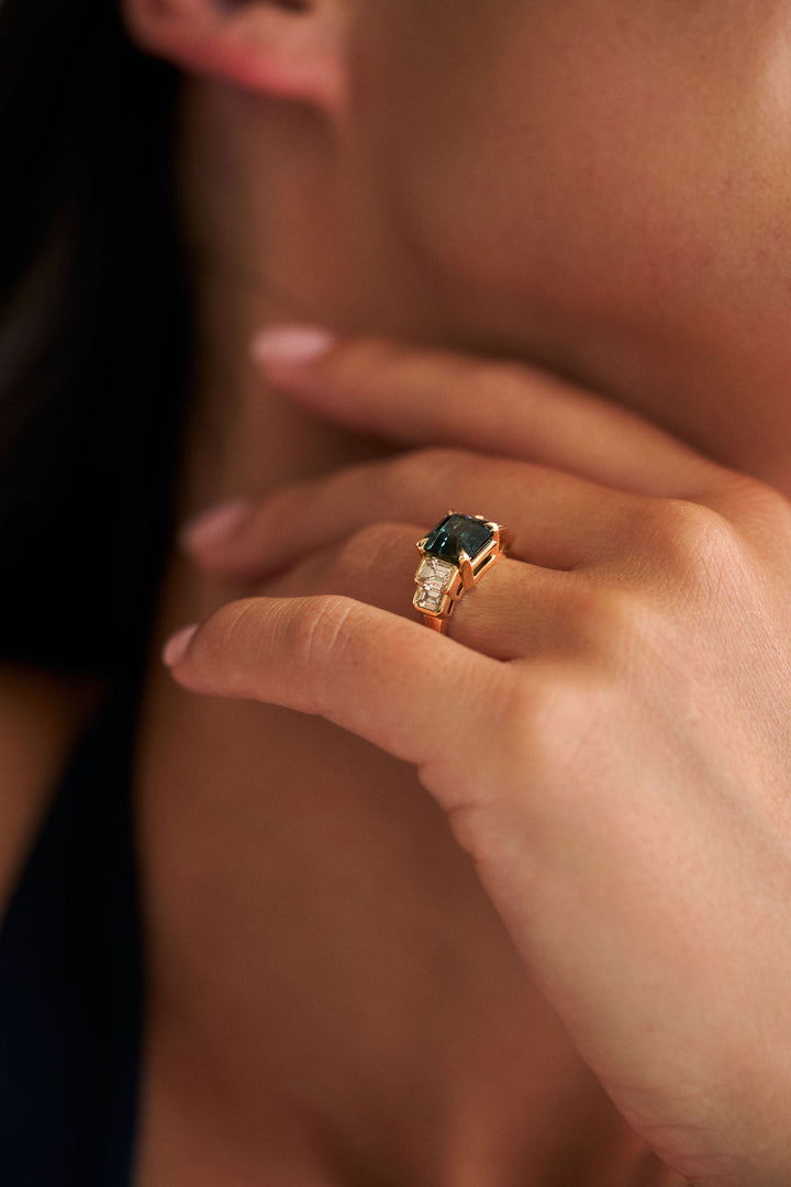 Square Emerald Cut Teal Sapphire With Emerald Cut Diamond Accents