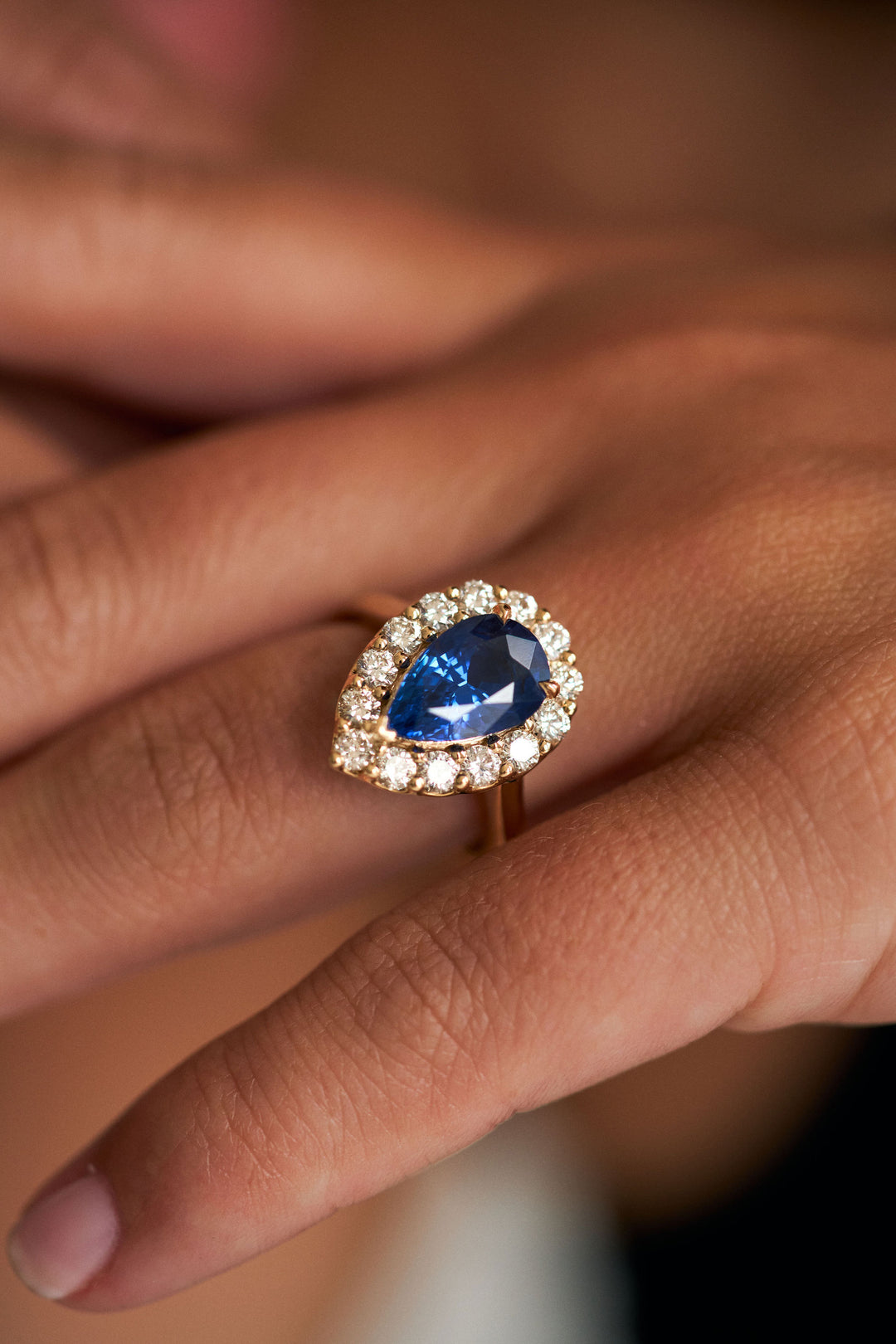 Pear Shape Blue Sapphire with Floral Halo