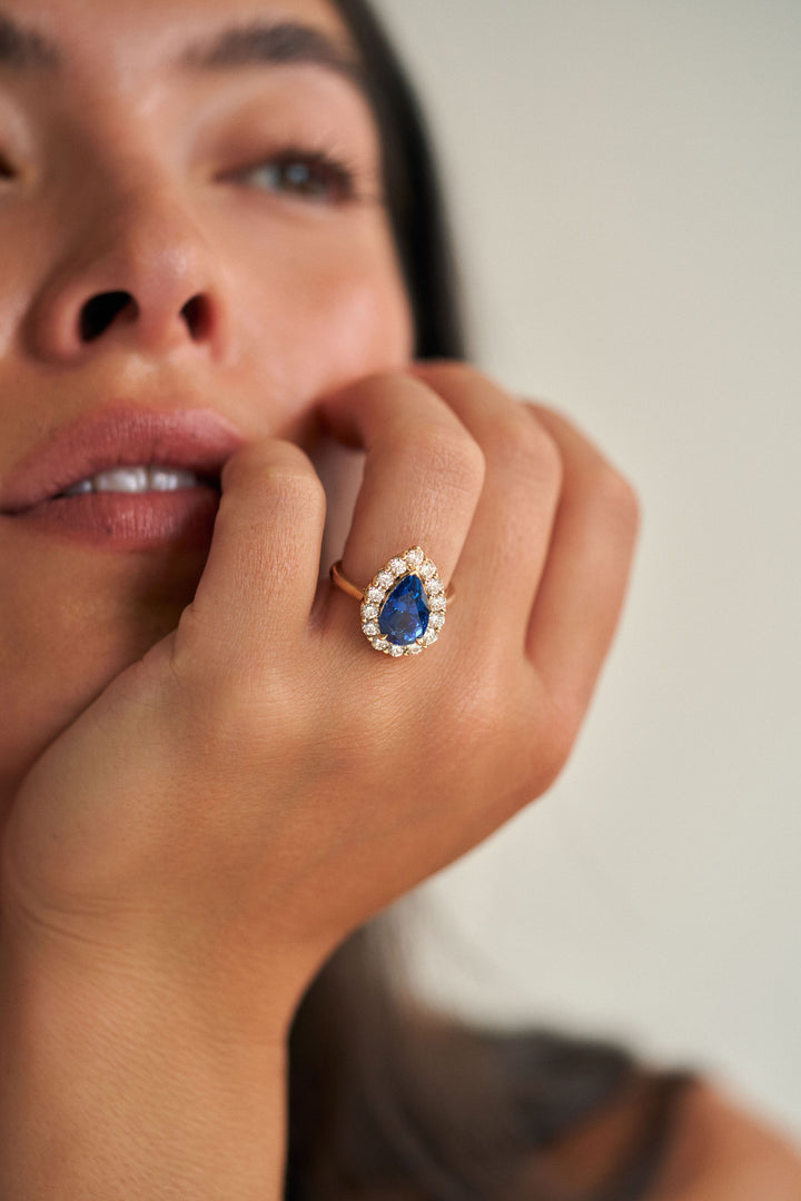 Pear Shape Blue Sapphire with Floral Halo