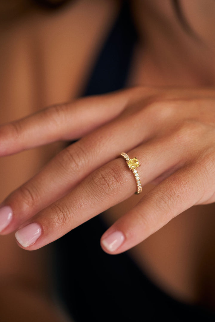 Cushion Cut Yellow Diamond with Pavé Diamond Band