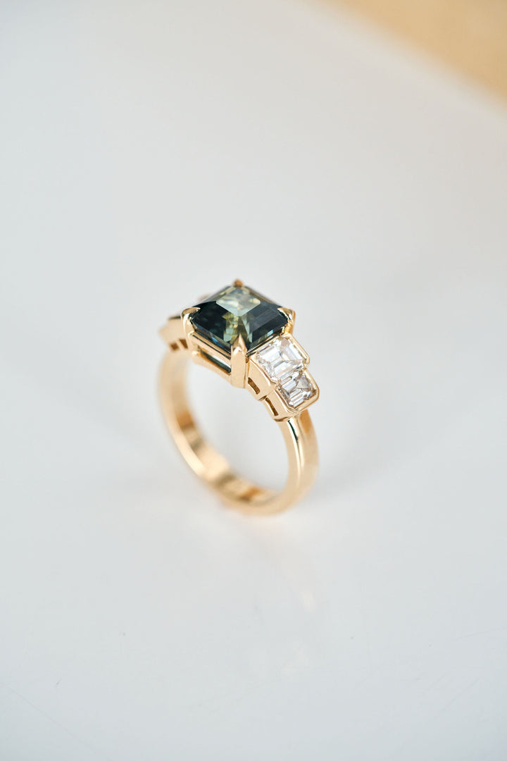 Square Emerald Cut Teal Sapphire With Emerald Cut Diamond Accents