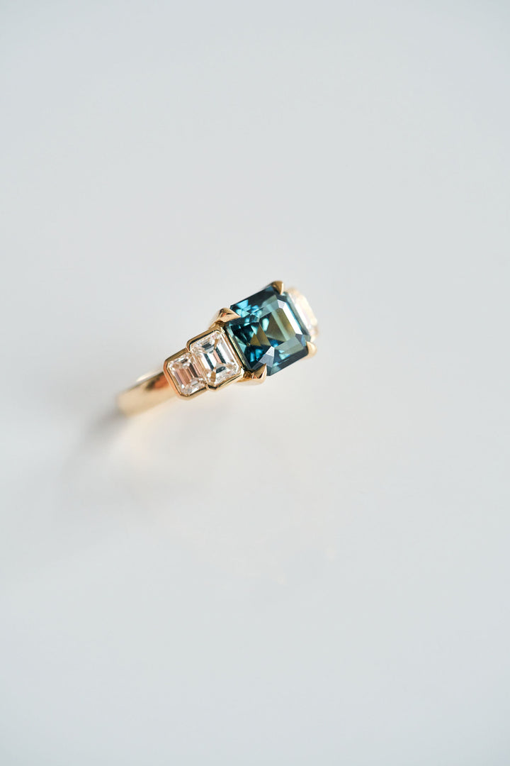 Square Emerald Cut Teal Sapphire With Emerald Cut Diamond Accents
