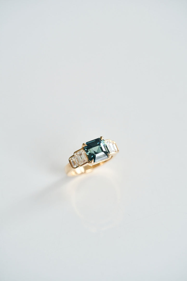 Square Emerald Cut Teal Sapphire With Emerald Cut Diamond Accents