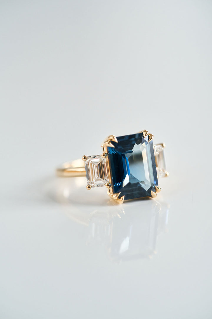 Emerald Cut Teal Sapphire With Emerald Cut Diamond Accents