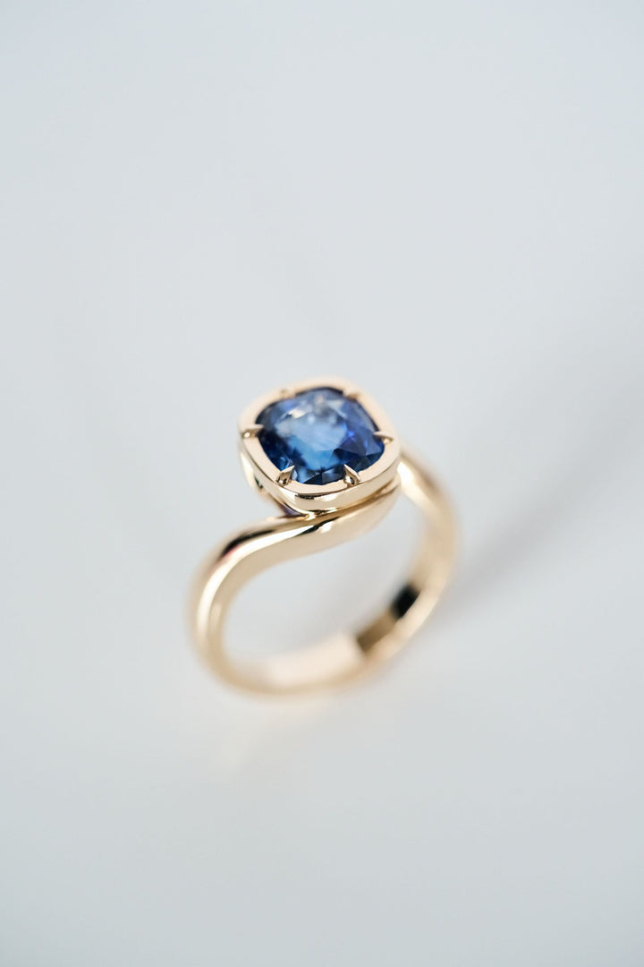 Cushion Cut Blue Sapphire Bypass Canopy Ring