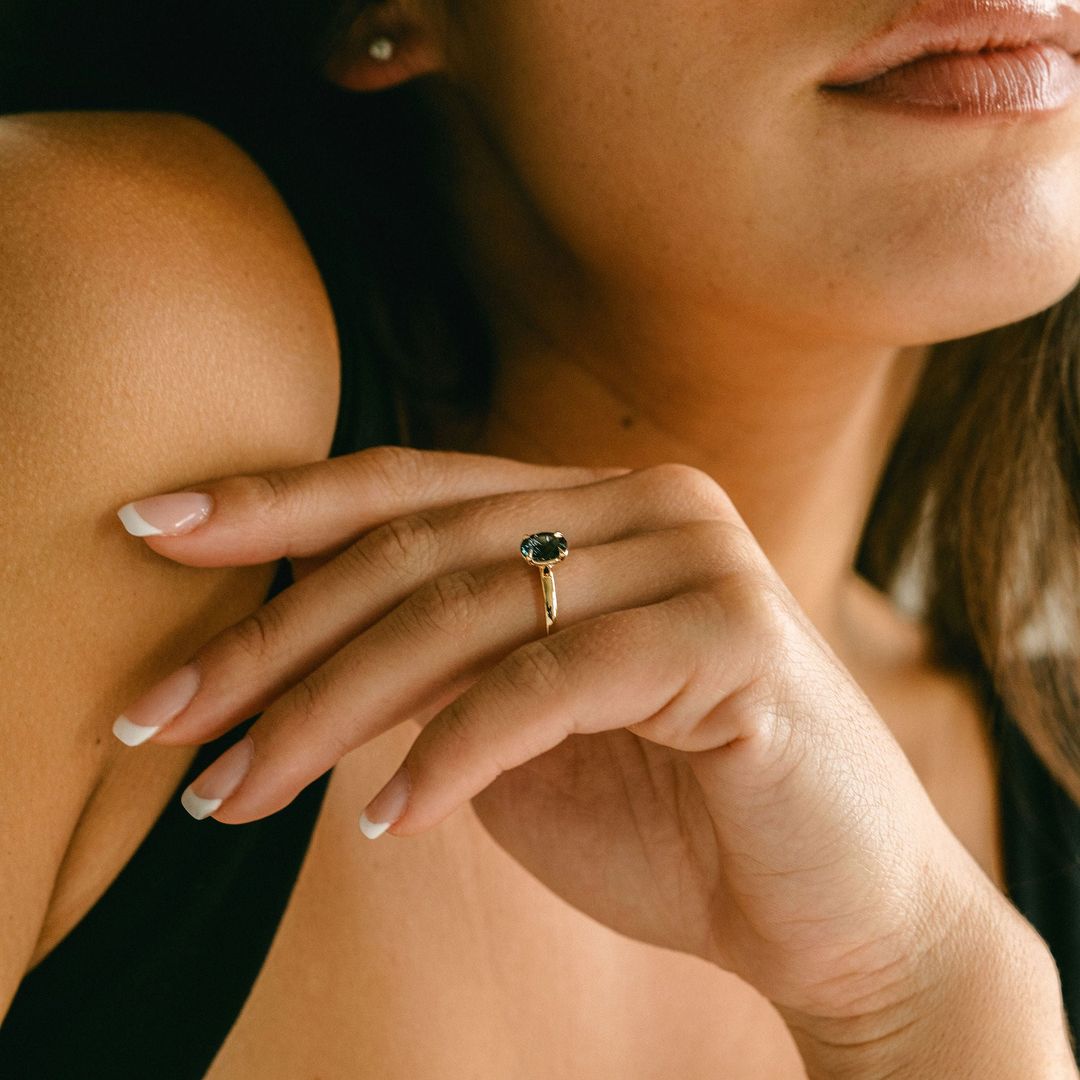 Oval Blue-Green Sapphire Cavalier Solitaire