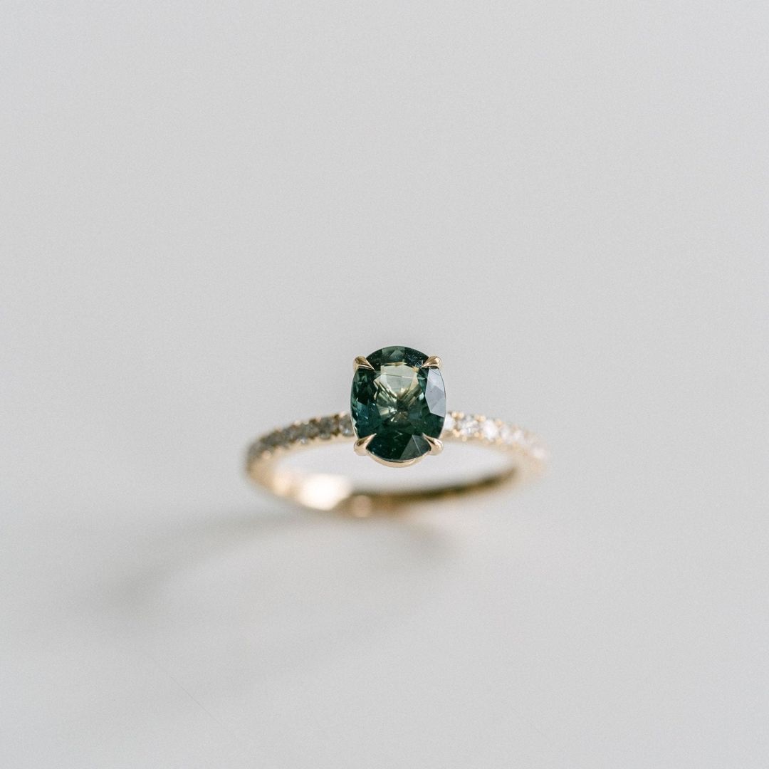 Oval Blue-Green Sapphire Cavalier Solitaire With Diamond Pavè Band
