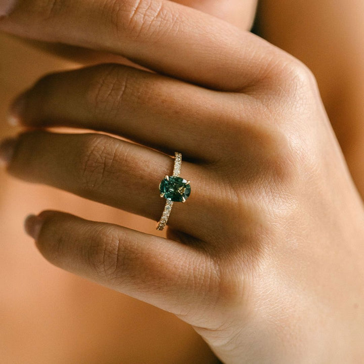 Oval Blue-Green Sapphire Cavalier Solitaire With Diamond Pavè Band