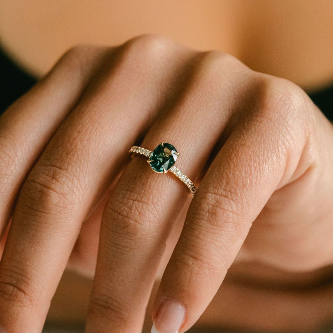 Oval Blue-Green Sapphire Cavalier Solitaire With Diamond Pavè Band