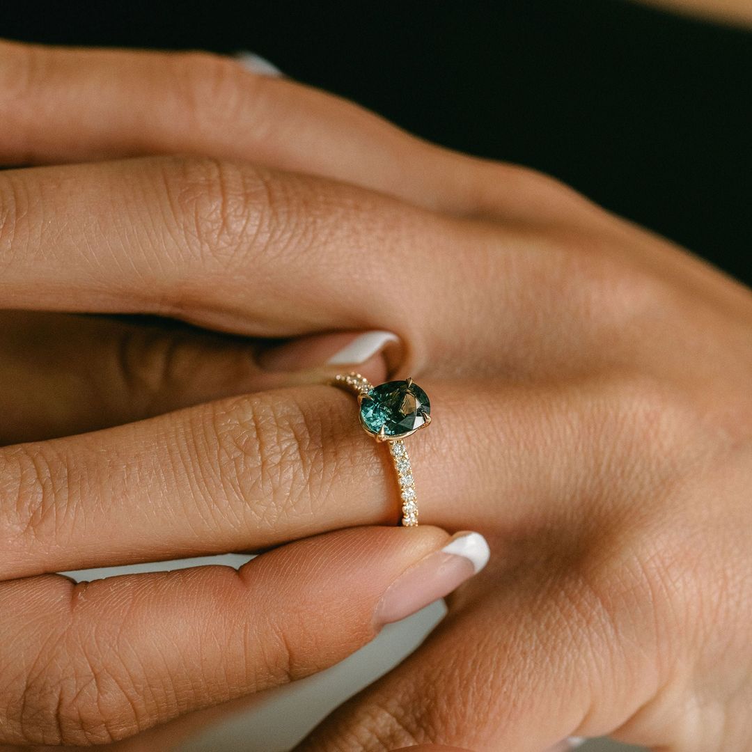 Oval Blue-Green Sapphire Cavalier Solitaire With Diamond Pavè Band