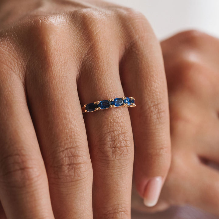 Oval East-West Blue Sapphire Dahlia Band