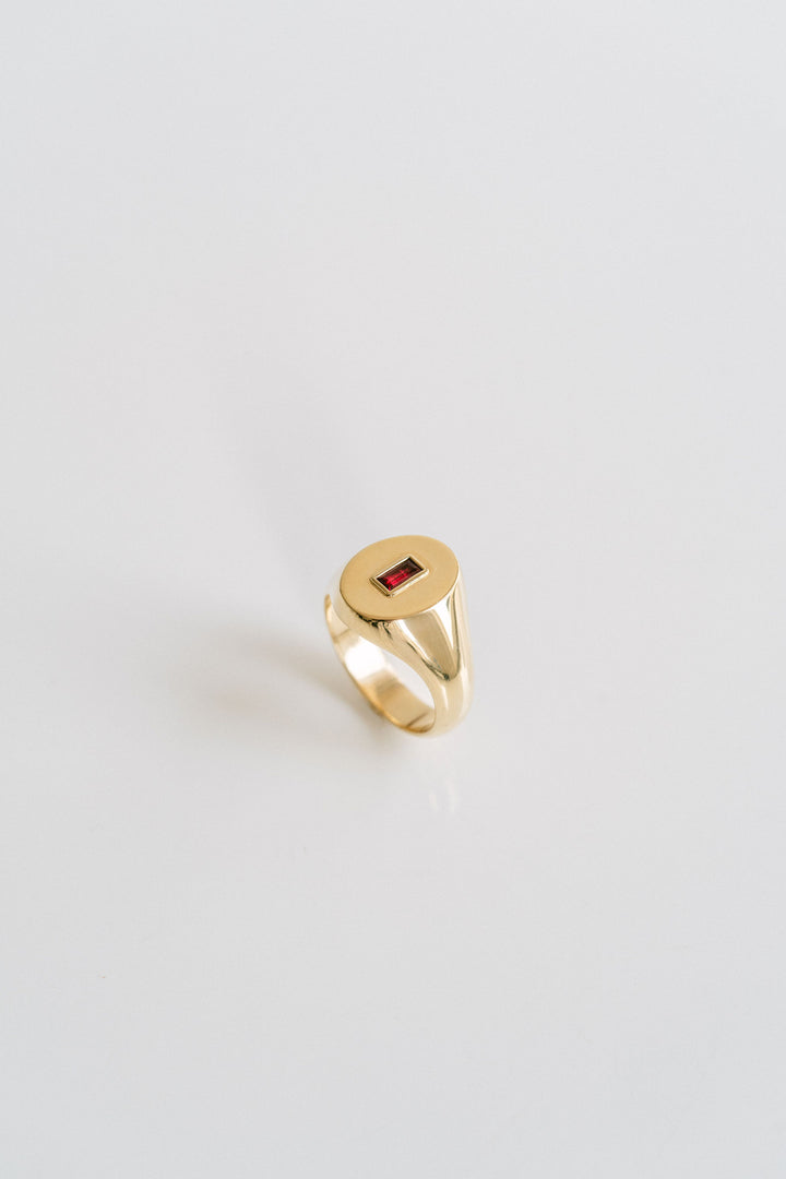 Oval Mens Signet Ring With Baguette Ruby