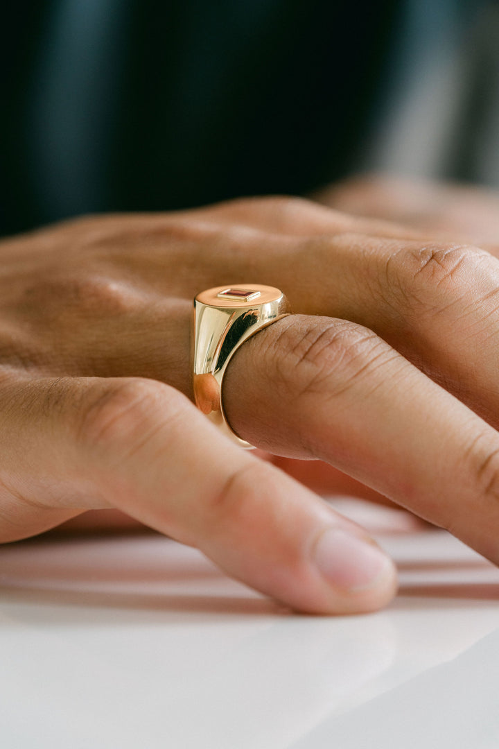 Oval Mens Signet Ring With Baguette Ruby