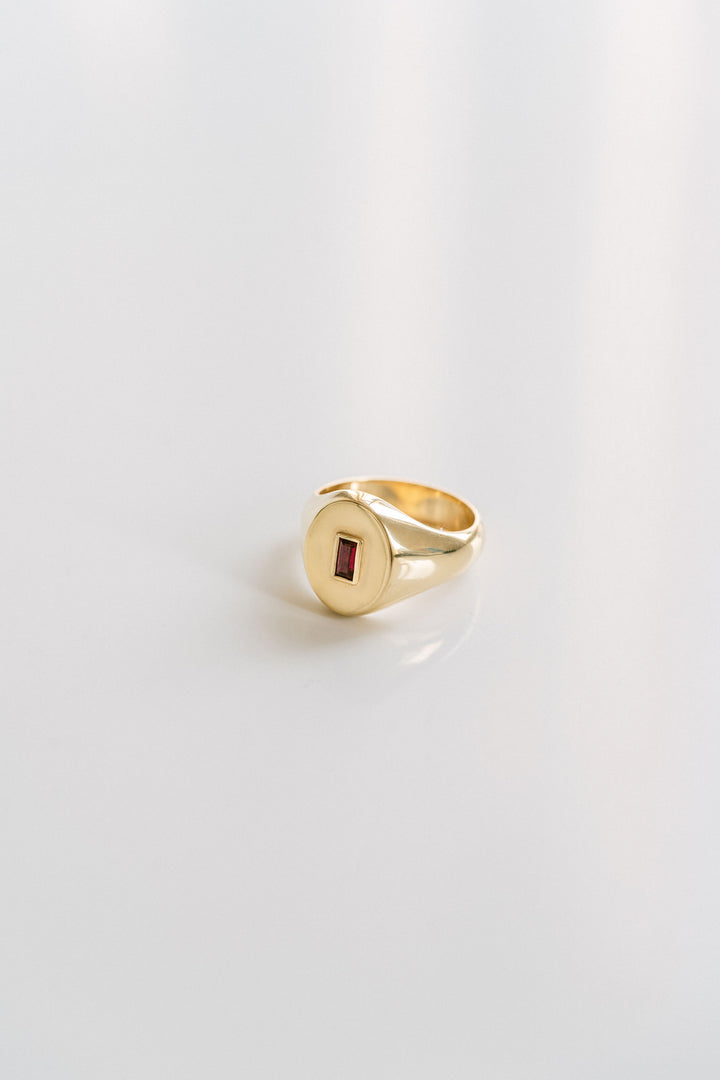 Oval Mens Signet Ring With Baguette Ruby
