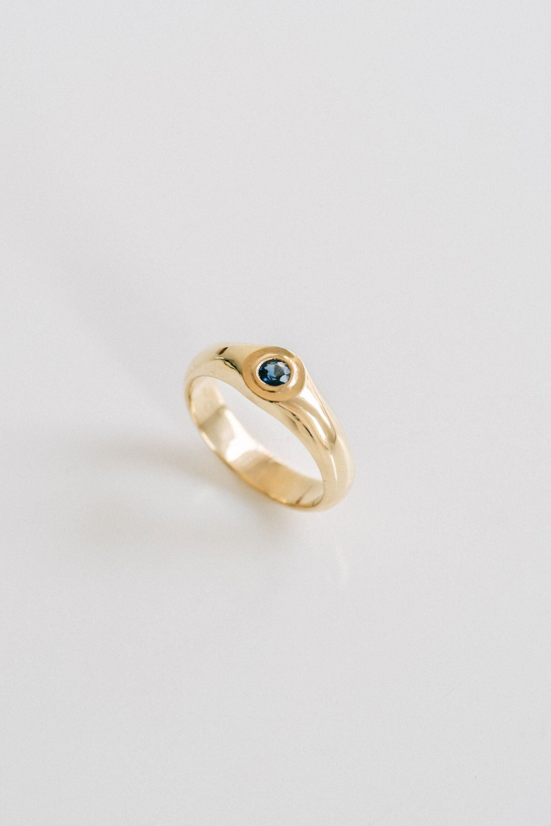 Polished Mens Signet Ring With Round Blue Sapphire