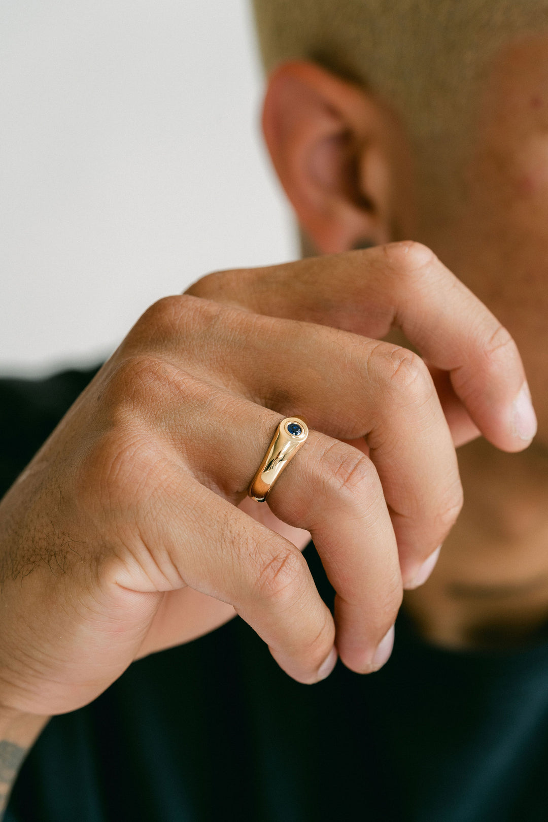 Polished Mens Signet Ring With Round Blue Sapphire