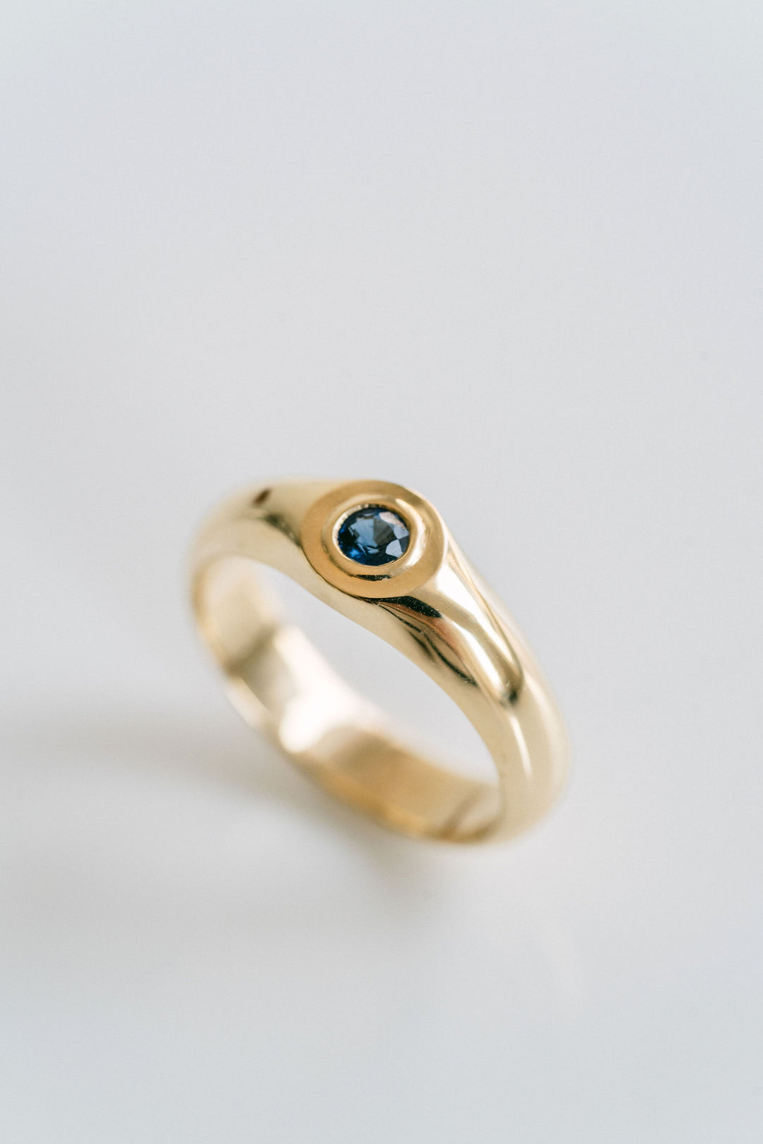 Polished Mens Signet Ring With Round Blue Sapphire