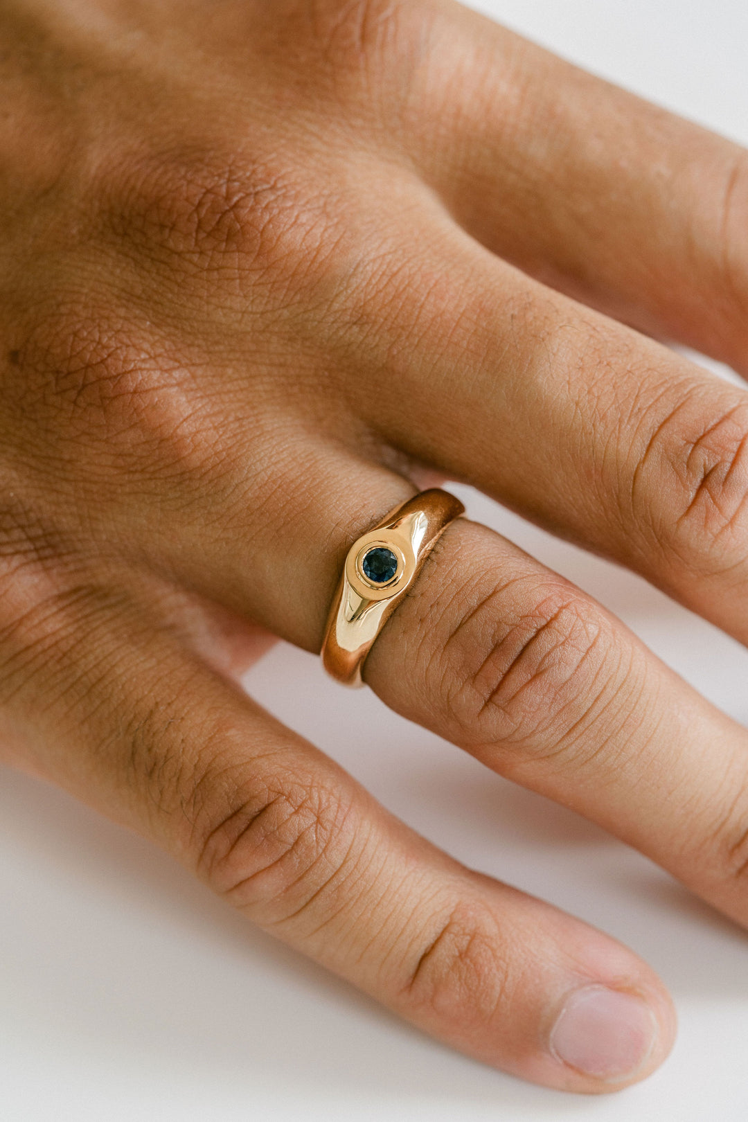Polished Mens Signet Ring With Round Blue Sapphire