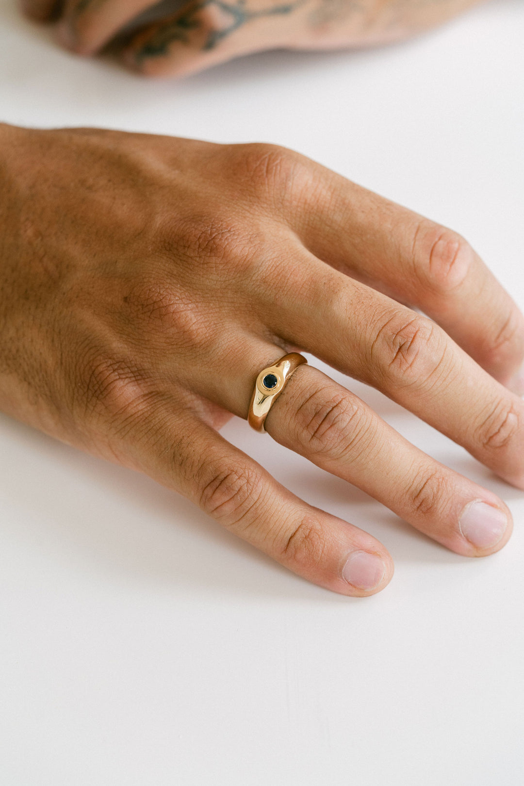 Polished Mens Signet Ring With Round Blue Sapphire