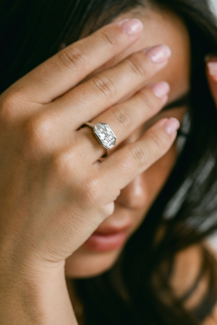 Princess Cut Diamond Monochrome Ring With Trapezoid Accents