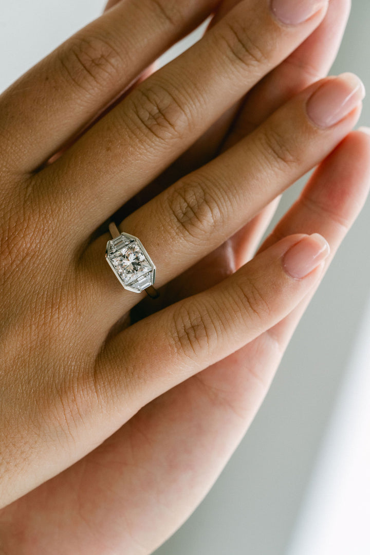 Princess Cut Diamond Monochrome Ring With Trapezoid Accents