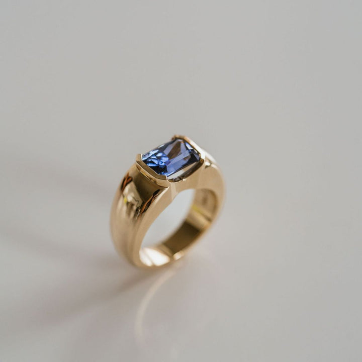 Radiant Cut Blue Sapphire East-West Half Bezel Haven Ring