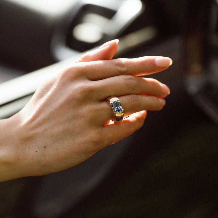 Radiant Cut Blue Sapphire East-West Half Bezel Haven Ring