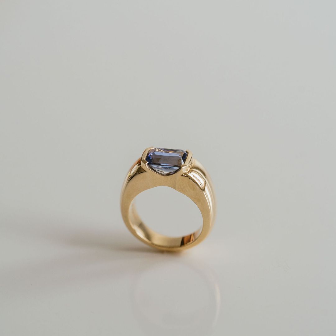 Radiant Cut Blue Sapphire East-West Half Bezel Haven Ring