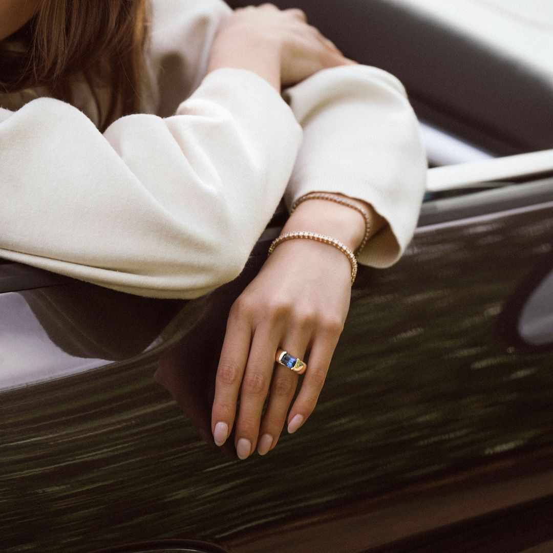Radiant Cut Blue Sapphire East-West Half Bezel Haven Ring