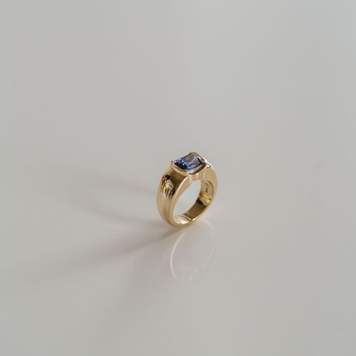 Radiant Cut Blue Sapphire East-West Half Bezel Haven Ring