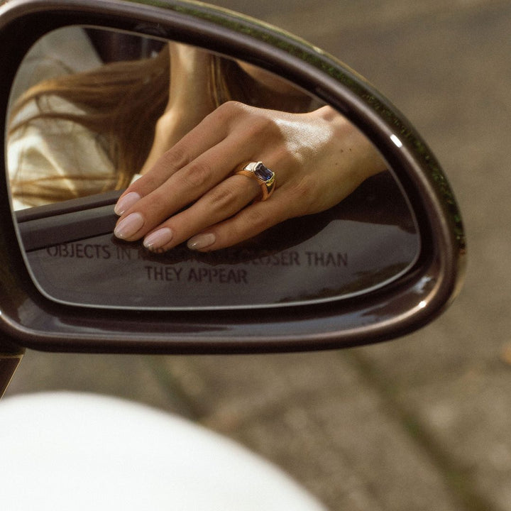 Radiant Cut Blue Sapphire East-West Half Bezel Haven Ring
