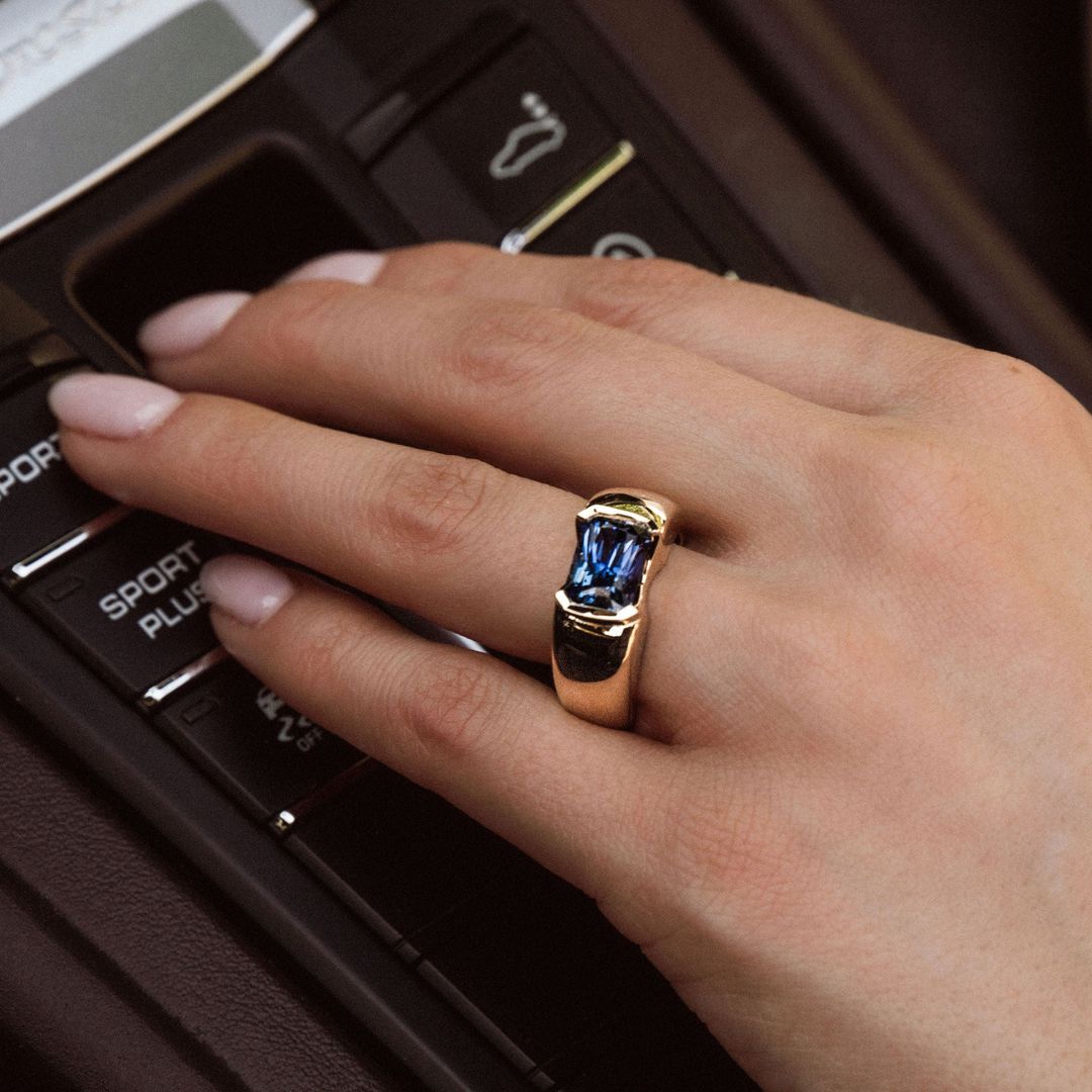Radiant Cut Blue Sapphire East-West Half Bezel Haven Ring