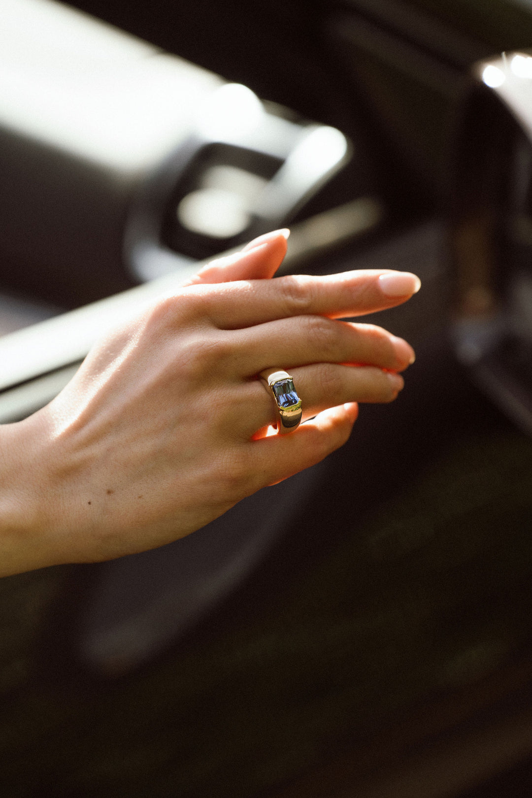 Radiant Cut Blue Sapphire East-West Half Bezel Haven Ring
