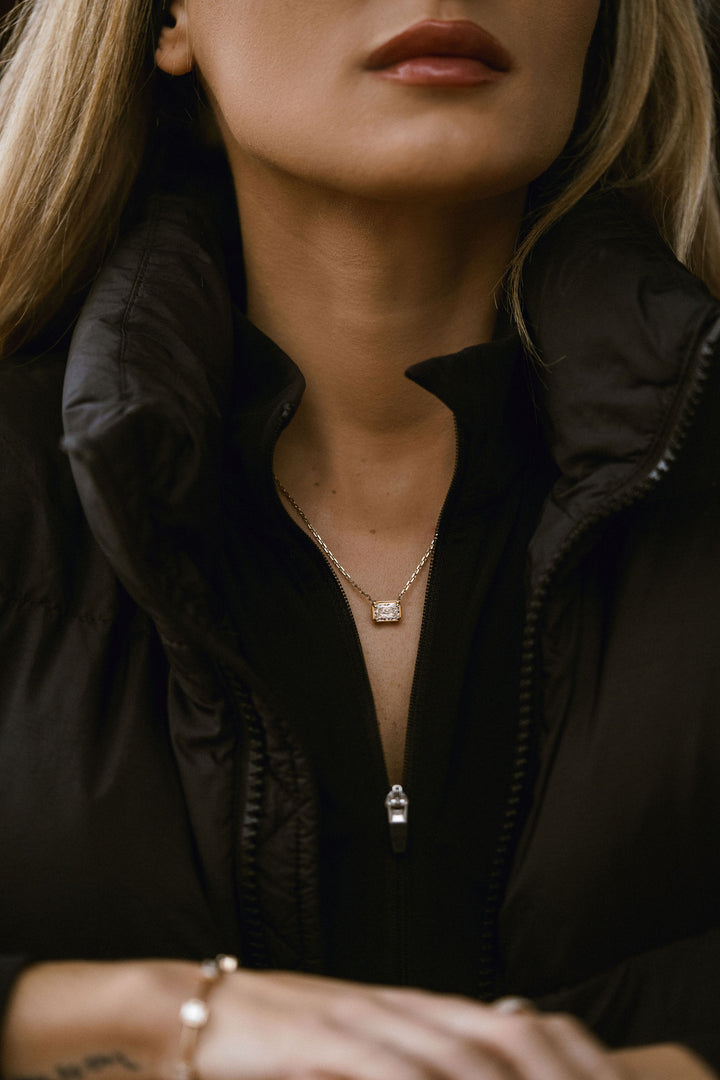 Radiant Cut East-West Framed Diamond Slider Necklace