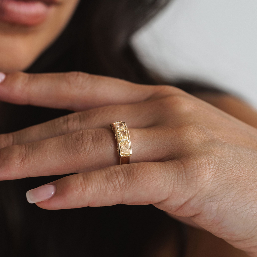 Radiant Cut East-West Yellow Diamond Bezel Band
