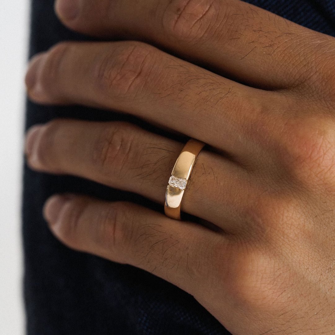 Round Polished Mens Tandem Band With Radiant Cut Diamond - 5mm