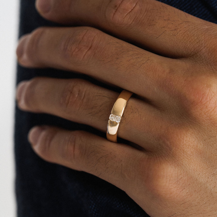 Round Polished Mens Tandem Band With Radiant Cut Diamond - 5mm