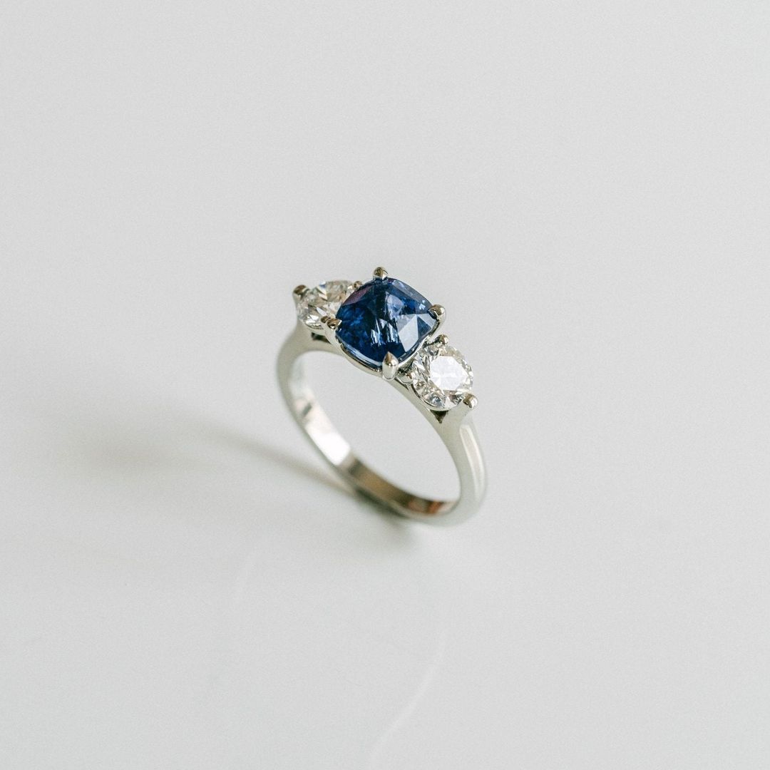 Square Cushion Cut Blue Sapphire With Round Diamond Accents