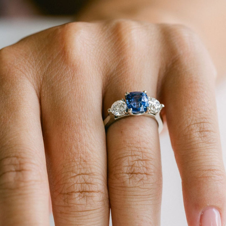 Square Cushion Cut Blue Sapphire With Round Diamond Accents