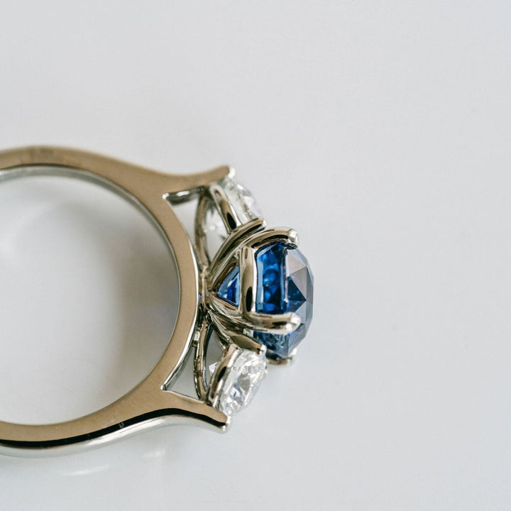 Square Cushion Cut Blue Sapphire With Round Diamond Accents