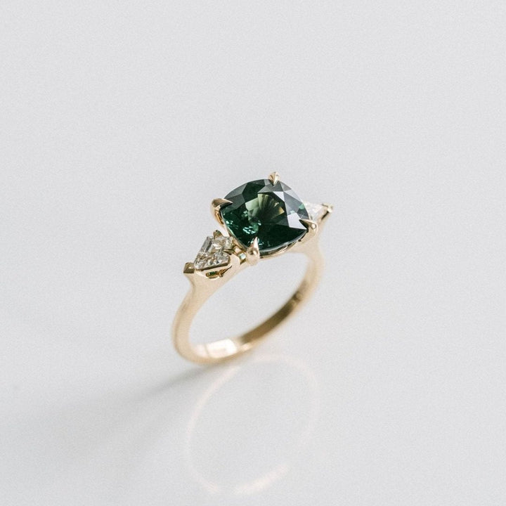 Square Cushion Cut West Coast Green Sapphire With Diamond Kite Accents