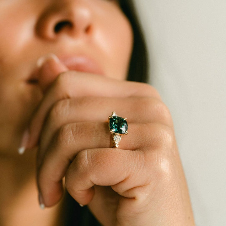 Square Cushion Cut West Coast Green Sapphire With Diamond Kite Accents