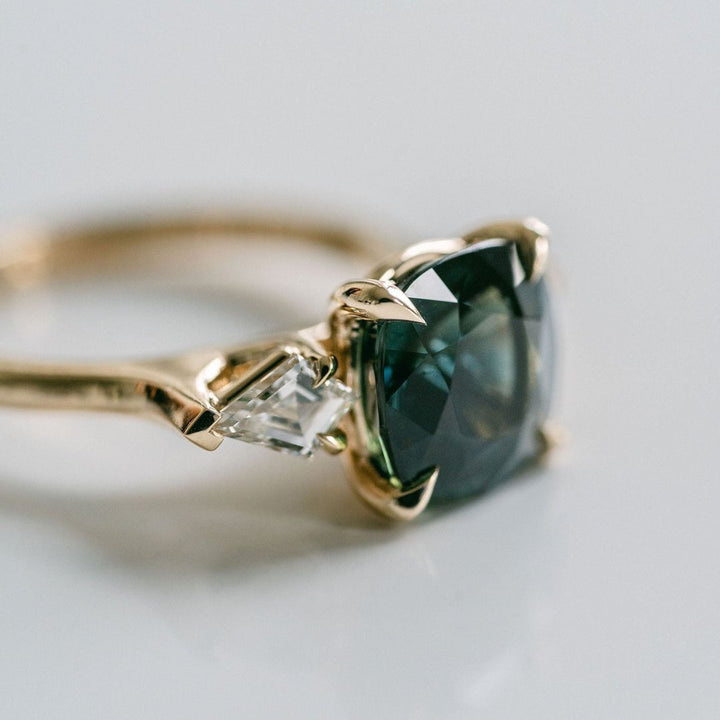 Square Cushion Cut West Coast Green Sapphire With Diamond Kite Accents