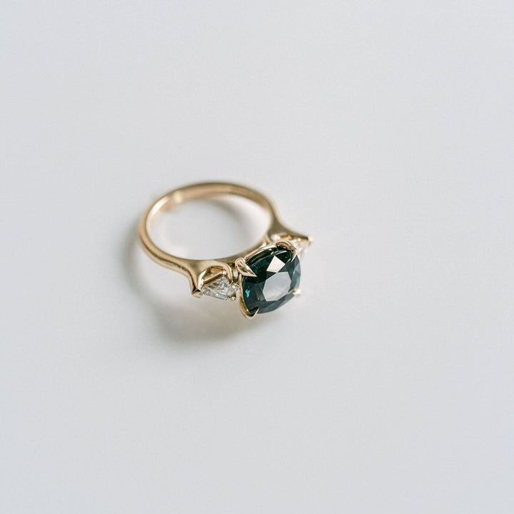 Square Cushion Cut West Coast Green Sapphire With Diamond Kite Accents