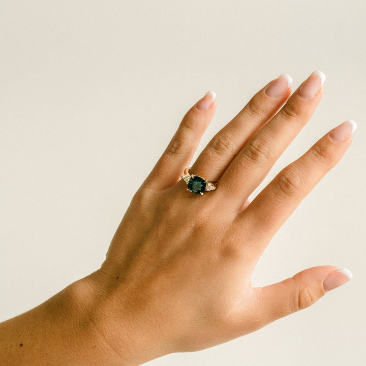 Square Cushion Cut West Coast Green Sapphire With Diamond Kite Accents