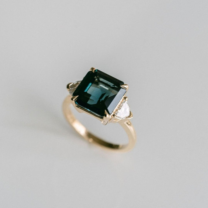 Square Emerald Cut Blue-Green Sapphire with Cadillac Diamond Accents