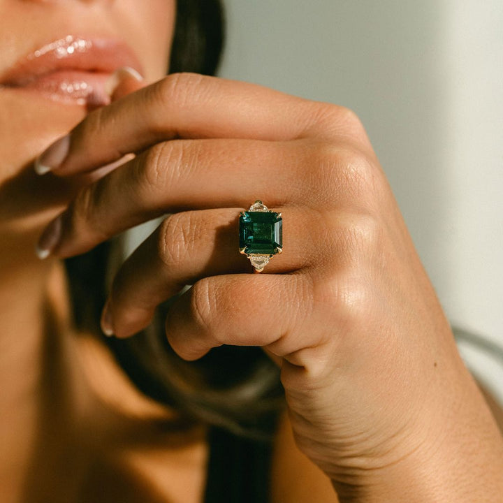 Square Emerald Cut Blue-Green Sapphire with Cadillac Diamond Accents